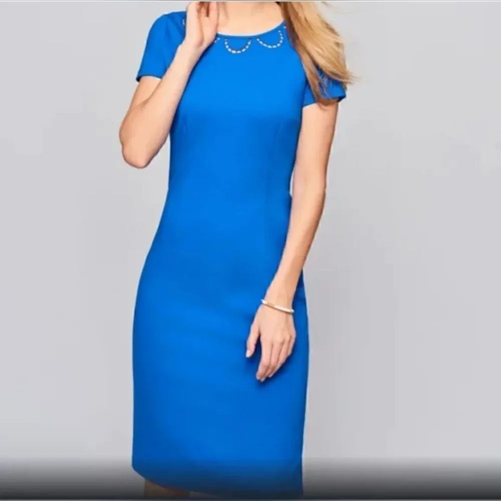 Talbots scalloped neckline cutouts blue sheath dress curve hugging stretch 6p